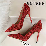 Breakj Women's Shoes High Heel Shallow Pointed Shining Sequins Sexy Thin Nightclub High