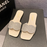 Breakj Version Of Stripe Flat Slippers Female Flat Slippers Square Head One Foot Pedal Home