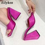 2022 New Arrival Summer Silk Triangle Square Heels heel Slippers Sexy Street Woman Party Square toe Dress Slides