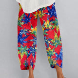 Fashion Loose Plus Size Elastic Waist Cropped Pants Casual Irregular Wide Leg Pants Multi-color Print Cotton Linen