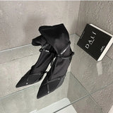 Brand Stretch Leather Women Ankle Boots Elegant Pointed toe High heels Autumn Winter Sock Short Boots Shoes Botas