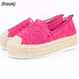 Women Autumn Flats Shoes Solid Lace Canvas Shoes Hollow Floral Breathable Platform Flat Shoes Loafers Female Espadrilles