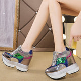 Breakj Women's Shoes Sequins Spell Color Belt Platform Inside Increased Ultra High Heel Casual Shoes Sports Shoes Women's
