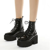 Platform Ankle Boots Ladies Patent Leather Chunky Pump Female High Heels Women's Lace Up Woman Gothic Punk Shoes Plus