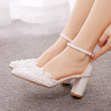 Breakj 7 Cm Thick Heel Sharp-Headed Hollow Sandals Spring Square Heeled Women's Shoes White Lace Bride High
