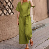 Women Linen 2 Piece Set Solid Color Loose Comfortable Drawstring Long Sleeve Home Suits 2021 Lounge Wear