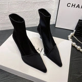 Boots Korean Version Of Pointy Short Boots Women's 2023 Autumn / Winter Socks New Low-Heeled Soft Leather Skinny Boots And Bare