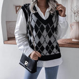 2021 New Fashion Women V Neck Print Knitted Vest Sweater Casual Sleeveless Loose Pullover Elegant Warm Lady Sweater