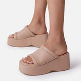 Platform Slippers for Women Square Toe PU Leather Wedge Sandals Woman Summer 2022 Thick Bottom Female Flip