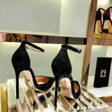 Summer New One-Word Buckle Single Shoes Women's Fashion Suede Pointed High Heels French Design Cool