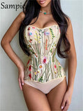 2022 Summer Spring Women Flowers Embroidery Tops Corset Sexy Crop Backless Party Club Tube See Through Tank Casual