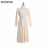 Elegant V-neck Thick Warm Women Knitted Pleated Dress Long Sleeve Belted Sashes Ladies Sweater Dress 2020 Autumn