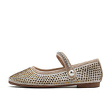 Air-mesh Crystal beading flat shoes woman glitter baller flats square toe pearl rivets lace mary janes shoes big size
