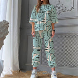 Spring Summer New Women O Neck Print Fashion Casual Set Elegant Mid Sleeves Long Pants Loose Pullover Soft Streetwear
