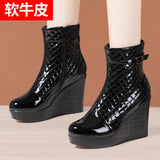 Autumn And Winter New Martin Boots Women's Leather Thick-Soled Waterproof Table High Heel Slope Show Thin Short Boots Women's Short