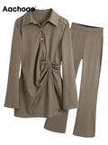 Women Casual 2 Piece Sets Turn Down Collae Long Sleeve Pleated Shirts Tops With High Wasit Boot Cut Pant Ladies