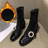 Ankle Boots Woman Pearl Mid Heel Shoes Female Zipper Flower Pu Pointed Toe Comfort Ladies Shoe Elegant Women