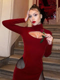 Christmas Party Dress Women Velvet Hollow Out Turtleneck Sexy Side Split Elegant Women Red Midi Dresses For Woman