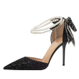 Bow High Heels Summer New Thin-Heeled Single Shoes Crystal Bridesmaids Wedding Shoes Hollow