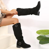 Breakj And Winter New Folded Flat Bottom Western Cowboy Boots Buckle Boots Coarse And Thin Barrel Knight