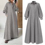 Winter Dress For Women'Solid Sundress Vintage Lapel Pleated Kaftan Dress Long Robe Femme VONDA Casual Long Vestidos