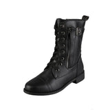 New Women Retro Boots Western Winter Fashion Shoes Punk Lace Up Buckle Motorcycle Zipper Mid Calf Boots Ladies Short
