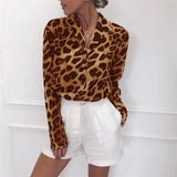 Vintage Blouse Long Sleeve Leopard Print Blouse Turn Down Collar Office Shirt Tunic Casual Loose Tops Plus Size