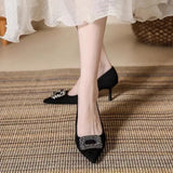 High Heels Women's 2024 Spring Autumn New Classic Square Buckle Rhinestone High Heels Elegant Commuter Women's Single Shoes
