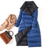 New Women Double Sided Down Long Jacket Winter Turtleneck White Duck Down Coat Double Breasted Warm Parkas Snow