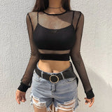 Sexy Mesh Crop Tops Tee Shirt Femme Hollow Out Black Tshirt Women See Trough Long Sleeve Streetwear Fishnet T