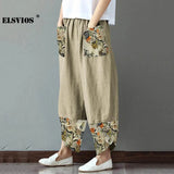 Autumn Fashion Women Cotton Linen Pencil Pants Casual Print Patchwork Loose Long Trousers Elegant Streetwear Lady