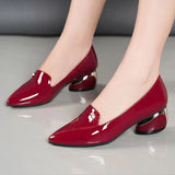 Lady Shoes Black Patent Leather Dress Shoes Pointed Toe Boat Shoes Mid Heels Pumps Zapatos Mujer Plus Size
