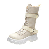 Women's Boots 2022 Spring and Autumn New Thick-soled Comfortable Boots Lace-up Casual Mid-calf Shoes Round Toe Thick-soled