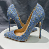 Plus Size Blue Plaid Pattern Women Pointy Toe High Heel Shoes Elegant Ladies Chic Stiletto Pumps Customize 8cm 10cm