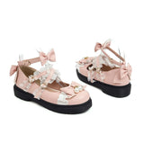 Women Fashion Flat Heel Bow Buckle Strap Platform Round Toe Cosplay Lolita Mary Janes Shoes with Lace Edge and Pearls