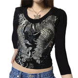 Y2K Grunge Fairycore Crop Tshirts Graphic Print Long Sleeves Slim Top Tee Crewneck Fashion Harajuku Cloth