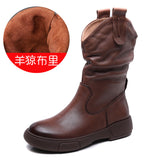 Breakj Boots Pile Boots Top Layer Of Kraft Mid-Sleet Boots Women Flat Bottom Soft Skin Autumn Winter Leather Martin Boots Horse Rider