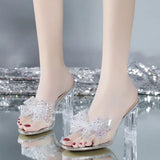 Breakj Drill Bow One-Word Slippers Women Summer Sexy Crystal And High-Heeched Cool Slippers Transparent