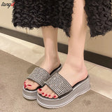 slippers Sequined High-heeled One-word Slippers Women Summer Outer Wear Platform Beach Comfort Sandals slippers