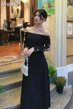 Fahsion Evening Party Dress Women Off Shoulder Bow Vintage Midi Dress Lady Elegant Long Sleeve Black Dress 2023