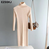 autumn winter midi sweater dress women staight knit short dress highneck dress female slim sweater bodycon warm