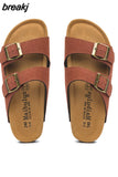 2023 New Summer Men Cork Slipper Casual Beach Double Buckle Non-slip Outside Nubuck Leather Slip on Slides