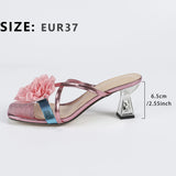 Breakj Selling Women High Heels Three-Dimensional Pink Rose Mirror Lizard Square Head Wine Glass And