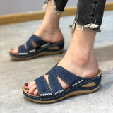 Breakj Cool Slippers Female Slope Heel Fish Mouth Thick Bottom Large Size Shoes Multi-Color Embroidered Black