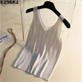 shiny Knitted Top Summer v-neck diamonds Tank top Women Slim Top Female bling sleeveless t-shirt Vest
