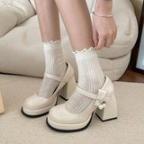 Black White Platform Pumps for Women Bowknot Strap Thick Heels Mary Jane Shoes Woman Sweet High Heel Party Shoes