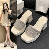 Breakj Summer New Fashion Women's Shoes Water Diamond One-Word Waterproof Platform Thick With Cool Drag High Heel Slippers