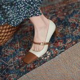 2023 New Women's Fashion Retro Color-blocking Mary Jane High Heels Pearl Buckle Comfortable Square Toe Shoes 34-39