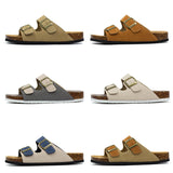 Camel Cork Sandals Men's Flock Faux Suede Mule Clogs Slippers Brown Classic Two Buckle Cork Slides Slippers For Men
