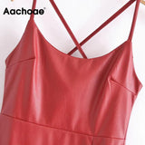 Women Sexy Spaghetti Strap Side Split Long Dresses Red Color Pu Faux Leather Midi Dresses Female Club Party A Line